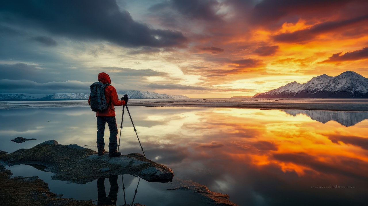 golden hour scene on a cloudy day by a lake with a photographer with his camera on a tripod and mountains in the distance, around the world flights, RTW